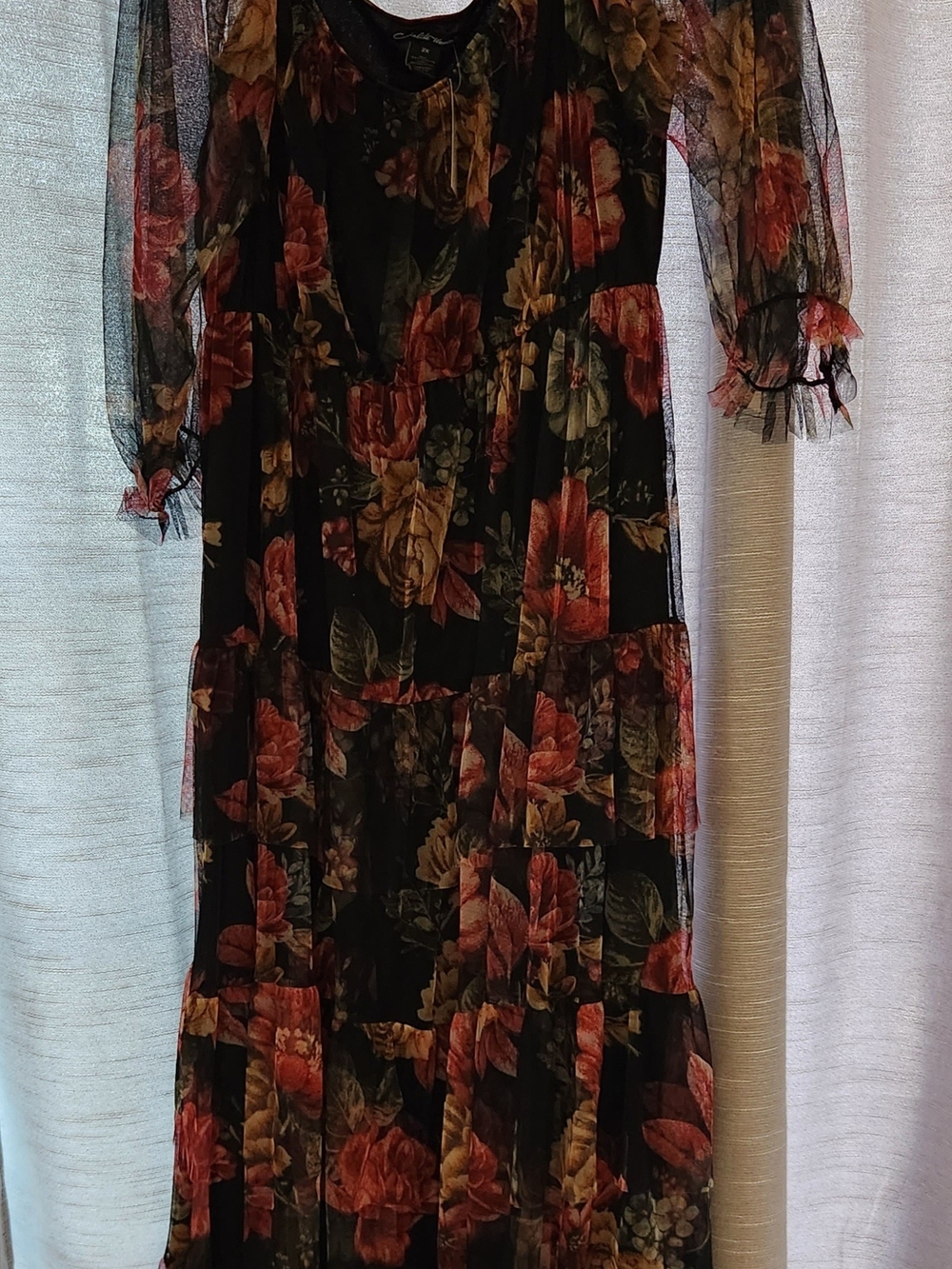 Plus Size Floral Tiered Sheer Long Sleeve Dress - Black with Red & Green Floral